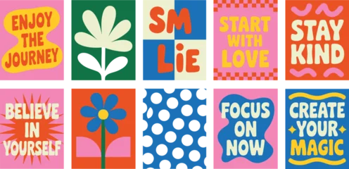 Fototapeten Positive Typografie Groovy retro retro poster collection with motivational quotes positive typography floral elements and abstract checkerboard patterns vector set  © Nishat