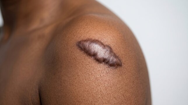 Elevated keloid scar on the shoulder skin of a patient