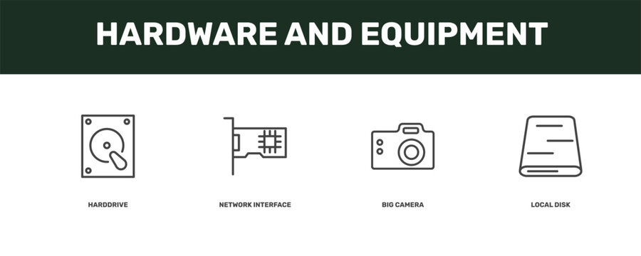 hardware and equipment icon set with harddrive, network interface card, big camera, local disk signs in flat outline style