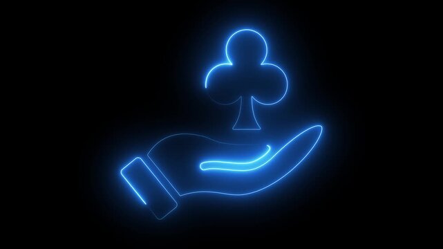 Neon glowing club card suit floating above hand animation, casino gambling concept playing cards