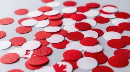 Fototapeta premium Red and white confetti scattered on a grey surface. Small circular pieces overlap with some showing Canadian maple leaf symbols. Festive party paper decorations.
