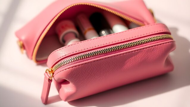 Elegant pink leather cosmetic case with golden zipper displayed in a luxurious flat lay composition.