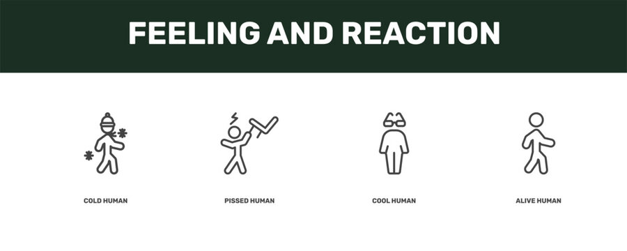 feeling and reaction icon set with cold human, pissed human, cool human, alive signs in flat outline style