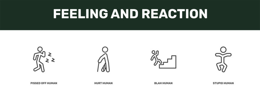 feeling and reaction icon set with pissed off human, hurt human, blah human, stupid signs in flat outline style