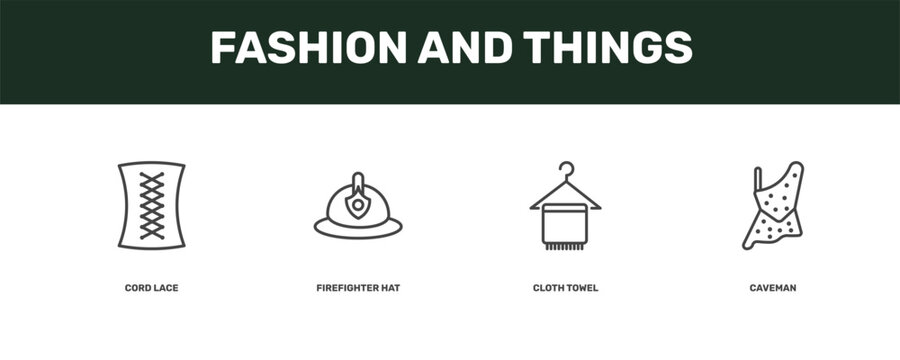 fashion and things icon set with cord lace, firefighter hat, cloth towel, caveman signs in flat outline style