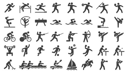 Fototapeta premium A collection of grey vector icons representing various olympic sports and diverse athletic physical activities