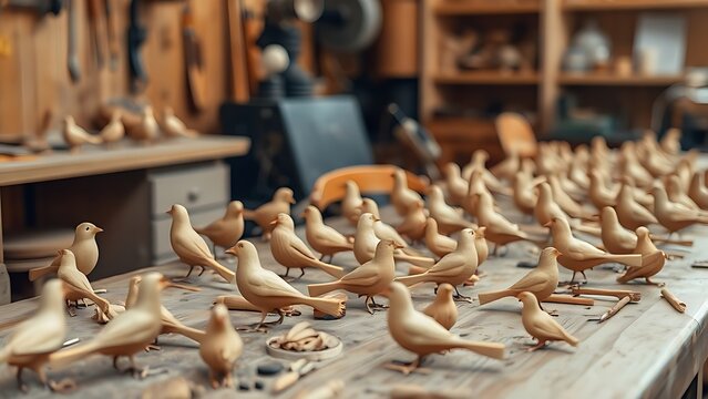 Wooden workbench with finely carved songbirds in progress, focused task lighting.