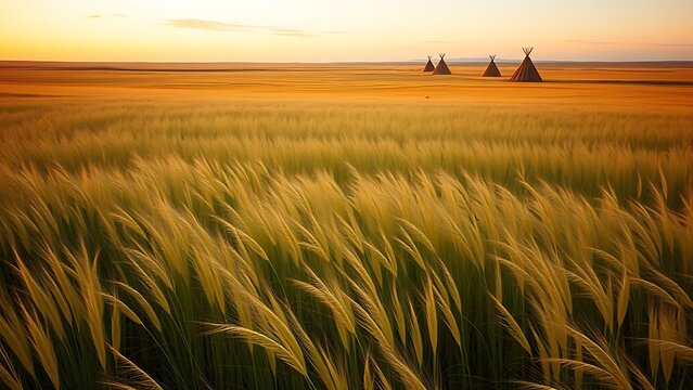 Prairie grass swaying in wind with tipi silhouettes on horizon at golden hour.