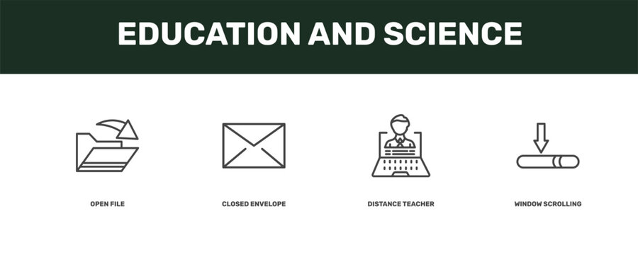 education and science icon set with open file, closed envelope, distance teacher, window scrolling medium signs in flat outline style
