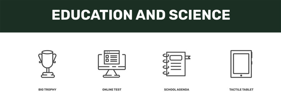education and science icon set with big trophy, online test, school agenda, tactile tablet signs in flat outline style