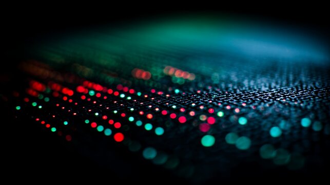 Dark cyberpunk texture with glowing red and green LED lights, macro digital grid background representing futuristic tech and data networks