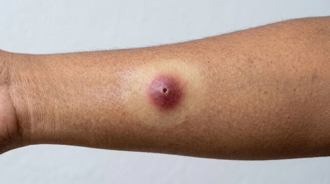 Large painful furuncle boil skin infection with central abscess on arm
