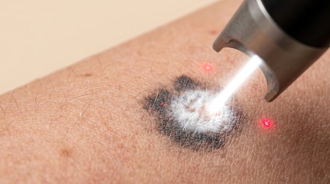 Laser ablation procedure removing dark hyperpigmented birthmark on skin