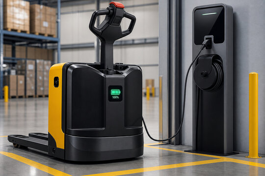 Modern electric pallet jack connected to a charging station inside a clean warehouse with shelves, boxes, and yellow safety markings.