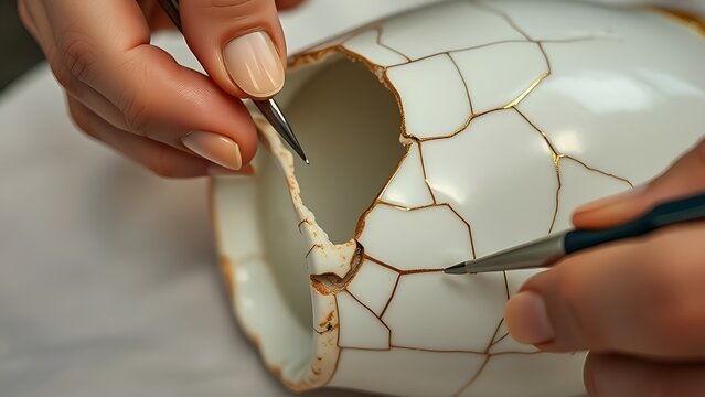 Ancient cracked porcelain vase repaired with fine gold lines, tools on cloth, detailed craftsmanship.
