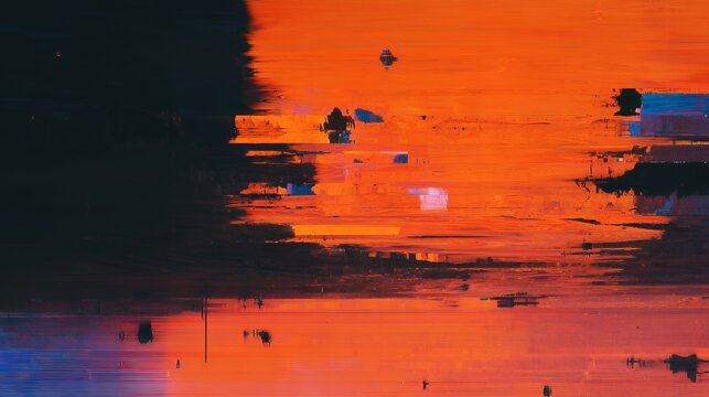 Dark corrupted digital landscape with vivid orange sunset reflections, intense horizontal datamosh glitch distortion, and eerie atmosphere