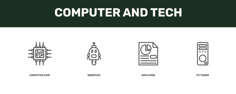 computer and tech icon set with computer chip, robotics, data page, pc tower signs in flat outline style