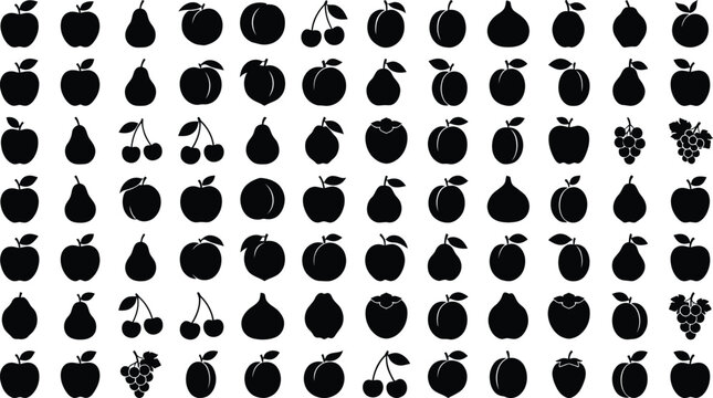 Collection of black fruit silhouettes including apples, pears, cherries, plums, grapes, and persimmons