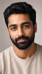 Fototapeta premium Natural close up portrait of a bearded adult man with dark hair, warm expression, casual shirt, and soft neutral studio background.
