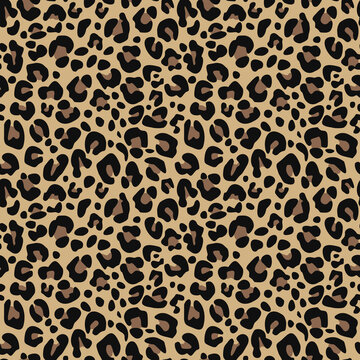 Seamless leopard pattern with brown spots on a beige background; animal vector print for clothing, paper, and fabric.