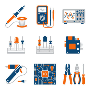 Flat vector icons of electronics engineering and soldering tools