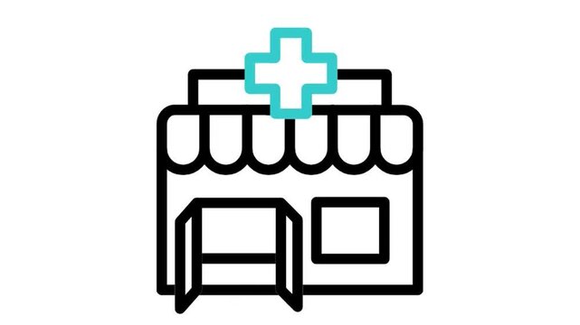 Animated pharmacy store icon loop motion graphic, medical clinic building and healthcare shop symbol, isolated on white background