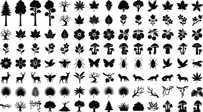 Collection of black silhouette of nature trees, leaves, flowers, animals, mushrooms, and birds leaf