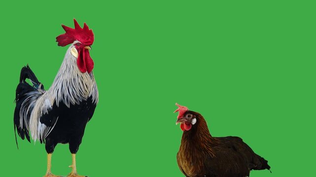 The hen laid an egg and the rooster crowed. green screen. sound