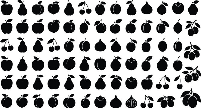 Collection of black silhouette of various fruits on white background, apple