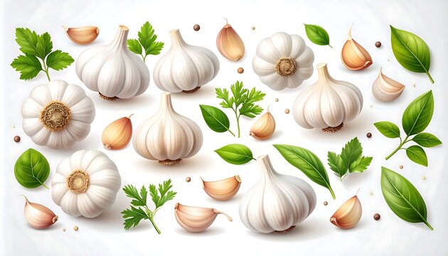 Fresh garlic cloves and green herbs on white background.
