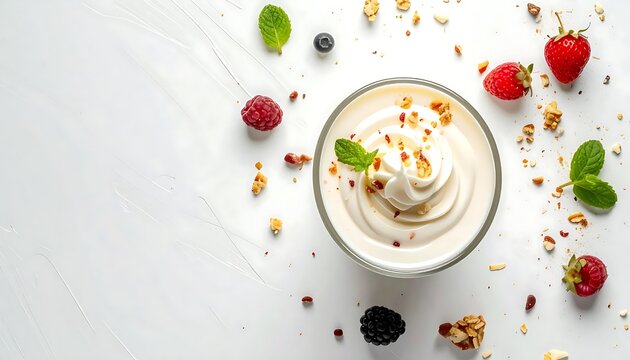 Overhead view of colorful fruit and nut bowl.
