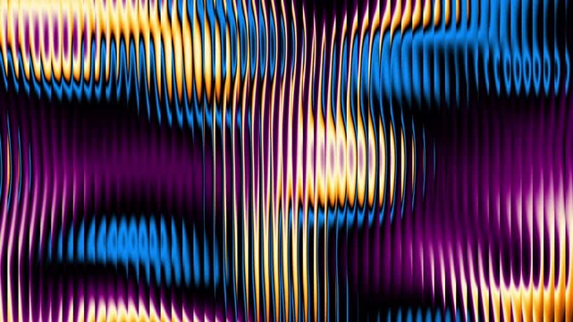 Abstract gradient background with ribbed glass texture animation. Futuristic dynamic luminous neon green and purple waves on black. Colorful refracted