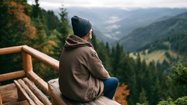 A person sits on a wooden platform overlooking a vast mountain valley surrounded by dense forests under an overcast sky