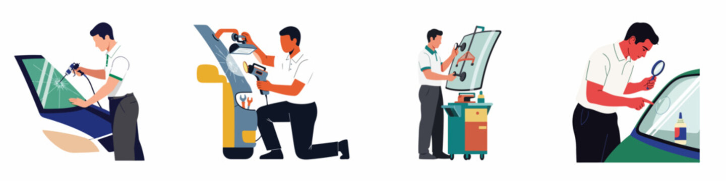 Flat vector illustrations showing professional auto glass technicians repairing and replacing cracked car windshields using specialized tools and equipment.