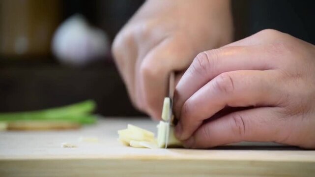Preparing a fresh aromatic ginger and garlic paste using a stone mortar and pestle