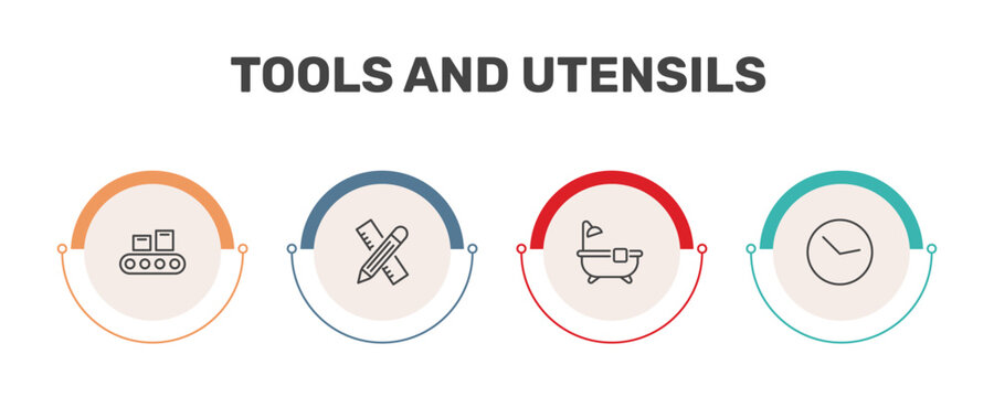 tools and utensils icon set with packing hine, carpentry, bath tub, circular clock signs in flat outline style