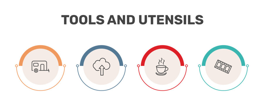 tools and utensils icon set with house on wheels, up arrow and cloud, cup of hot coffee, film strip photograms signs in flat outline style