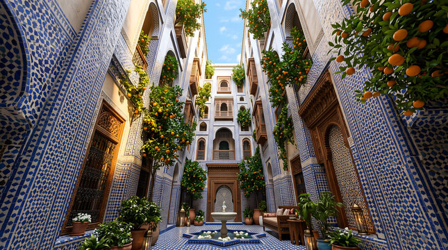 Moroccan riad courtyard stretching impossibly into sky, hand-painted zellige tiles, gravity-defying orange trees, warm reflective light