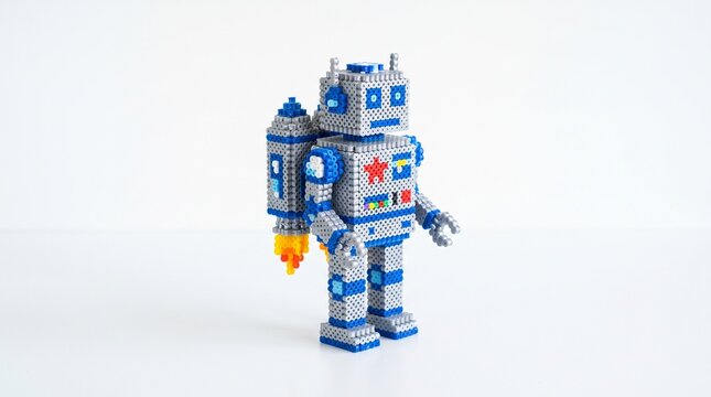 3D Perler Bead Robot with Jetpack Fire: Retro Sci-Fi Toy on White Background