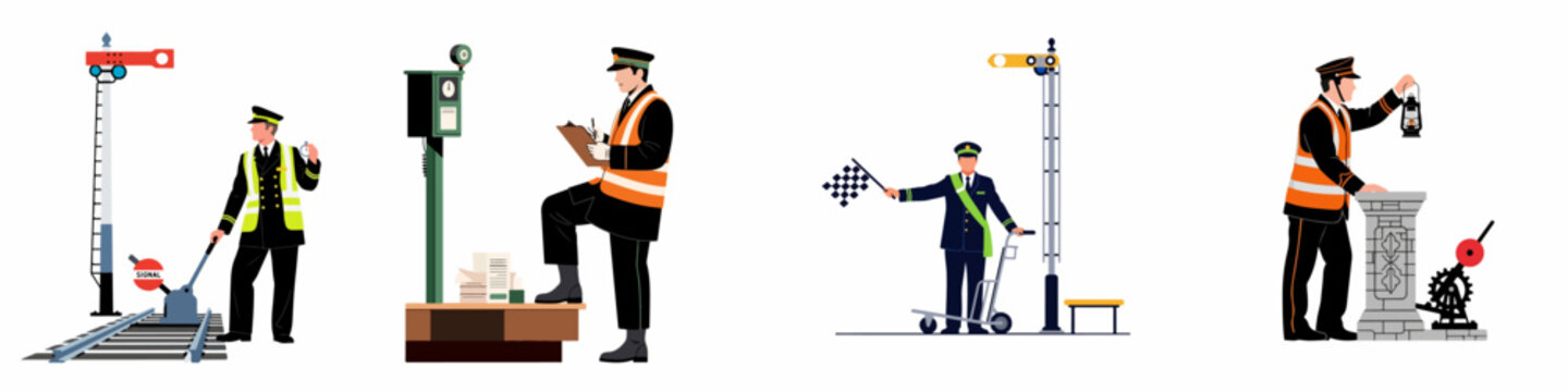 Set of illustrations showing railway workers in uniforms performing various tasks including signaling, inspecting, and managing train operations on a white background.