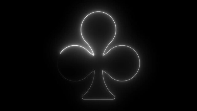 Neon glowing club suit symbol animation on black background, for casino and, gambling themes, card suit