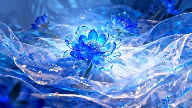Blue glasslike flowers with translucent fabric