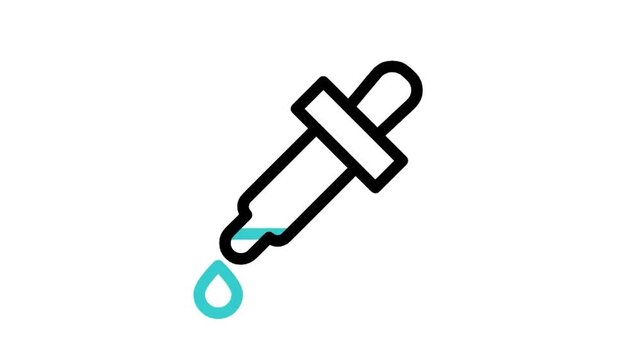Animated eyedropper pipette icon loop motion graphic, liquid drop and chemistry laboratory tool symbol, isolated on white background