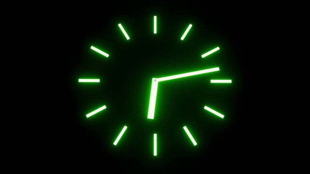 Abstract neon clock, time flow with chaos and reversal, glowing futuristic time concept