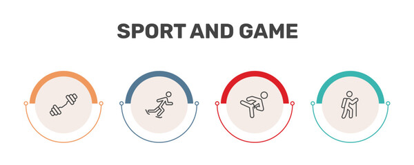 sport and game icon set with weighted bars, ice skating man, karate fighter, trekking signs in flat outline style © Abstract