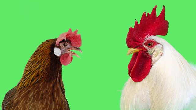 Hen and white rooster with ambient natural sound on green screen.