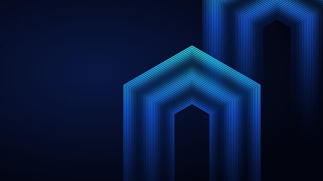 Abstract blue glowing geometric arch background with neon light portal and dark tech cyber vector illustration
