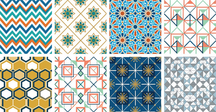 Geometric seamless pattern collection featuring Moroccan arabesque tiles chevron waves and hexagonal textures for textile fabric print interior home decor