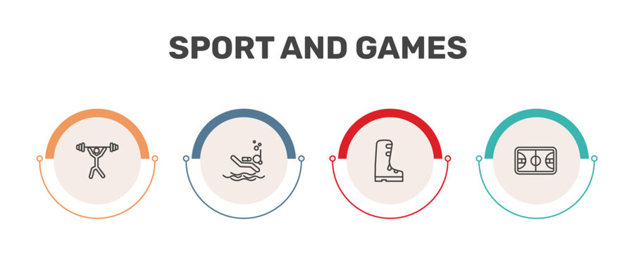 sport and games icon set with weight lifting, scuba diving, ski boots, basketball court signs in flat outline style
