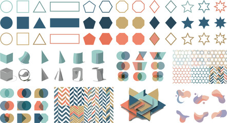 Obraz premium Geometric shapes and abstract design element vector mega bundle featuring icons seamless patterns and 3D graphics for branding corporate identity templates